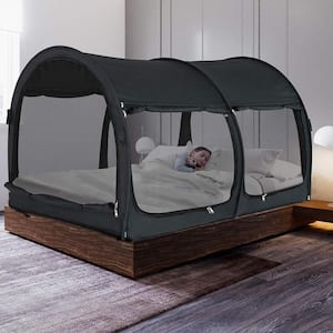 2-in-1 Indoor Pop Up Portable Frame Pongee Bed Canopy Tent Twin Curtains Breathable Charcoal (Mattress Not Included)