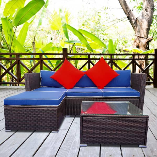 SunFurnn Dark Brown Wicker Rattan 3 Piece Patio Sectional Outdoor Furniture Sofa Set with Blue Cushions