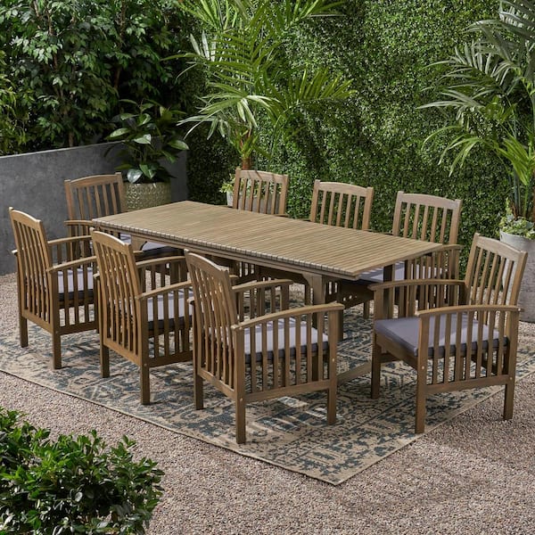 Noble House Sorrento Grey 9-Piece Wood Rectangular Outdoor Dining Set with Dark Grey Cushions