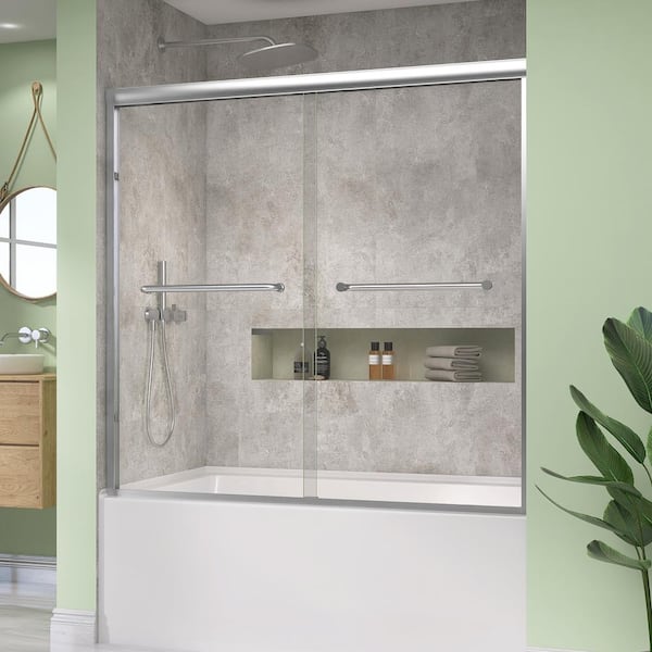 56 to 60 in. W x 58 in. H Double Sliding Tub Door in Brushed Nickel Frame Shower Door for Bathtub with 5/16 Clear Glass