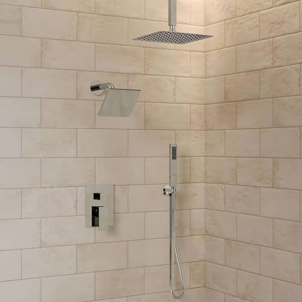 10&6 in. Dual Square Shower Heads Double Handle 3-Spray Tub and Shower Faucet 2.5 GPM in Polished Chrome Valve Included
