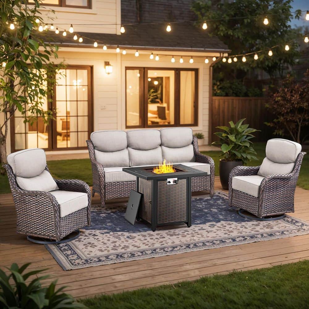 Holion 4-Piece Brown Wicker 5000 BTU Fire Pit Patio Conversation Seating Set with Beige Cushion and Swivel Glider Chairs price history on PriceWatchPro