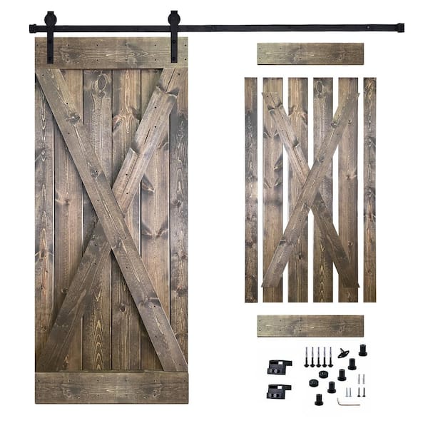 Akicon 30 in. x 84 in. Dark Brown Painted Wood Sliding Door with Hardware Kit, Pre-Drilled Ready to Assemble