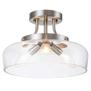 11 in. 3-Light Satin Nickel Transitional Semi-Flush Mount with Clear Glass Shade and No Bulbs Included