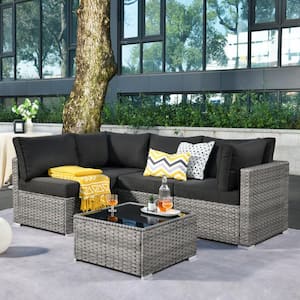 Sanibel Gray 5-Piece Wicker Patio Conversation Sofa Sectional Set with Black Cushions