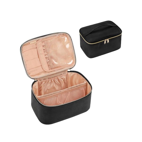 Black Travel Toiletry Bag w Separate Brushes Compartment, Flexible Velcro Dividers, and Waterproof Vegan Leather Fabric