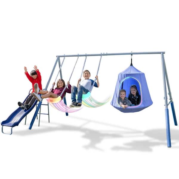 Shooting Star Metal Swing Playset with 2 LED Swings, Saucer Swing with LED Tent Cover, & 5-FT Slide