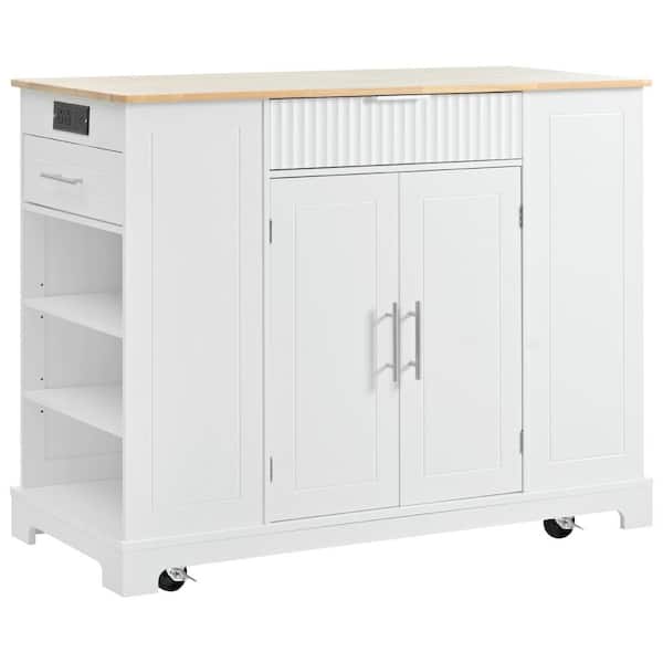 White Wood 48.5 in. Kitchen Island with Trash Can Storage Cabinet, Power Outlet, 3 Drawers and Open Side Racks