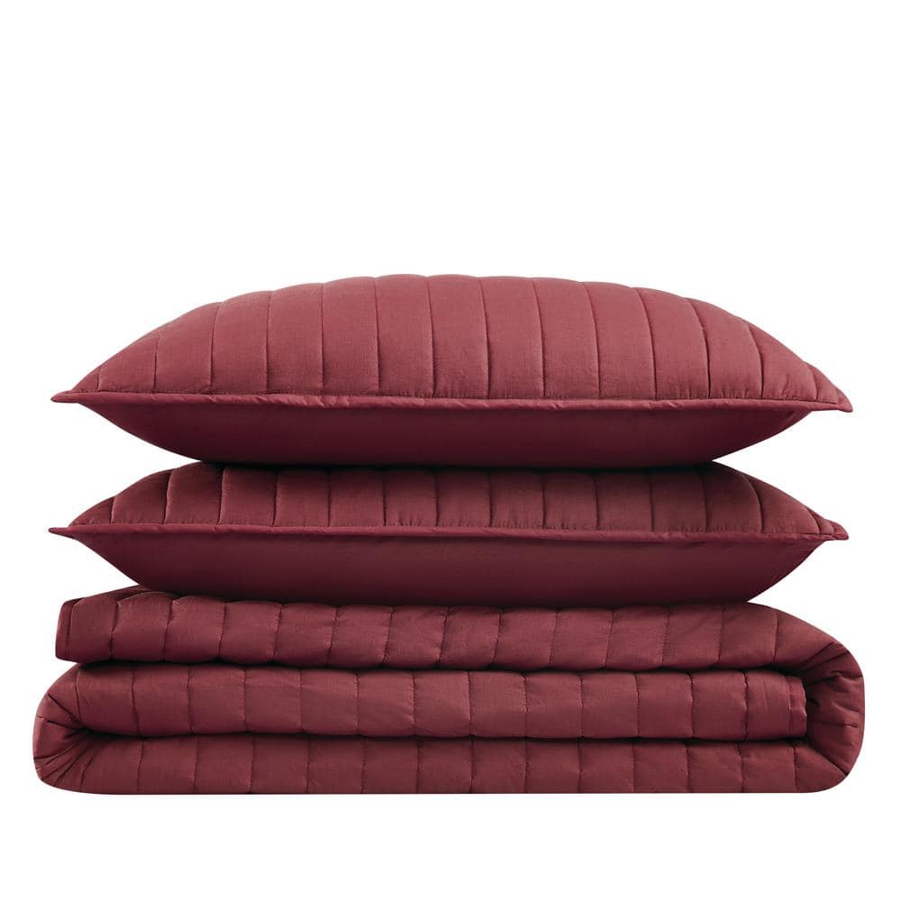 Burgundy Full Cotton Quilt Set with Vertical Stitch