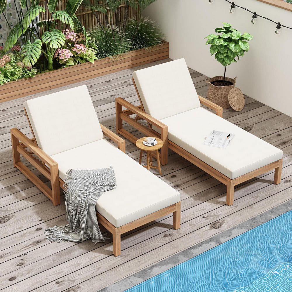 5-Position Outdoor Lounge Chairs Set of 2 with Beige Cushion and Adjustable