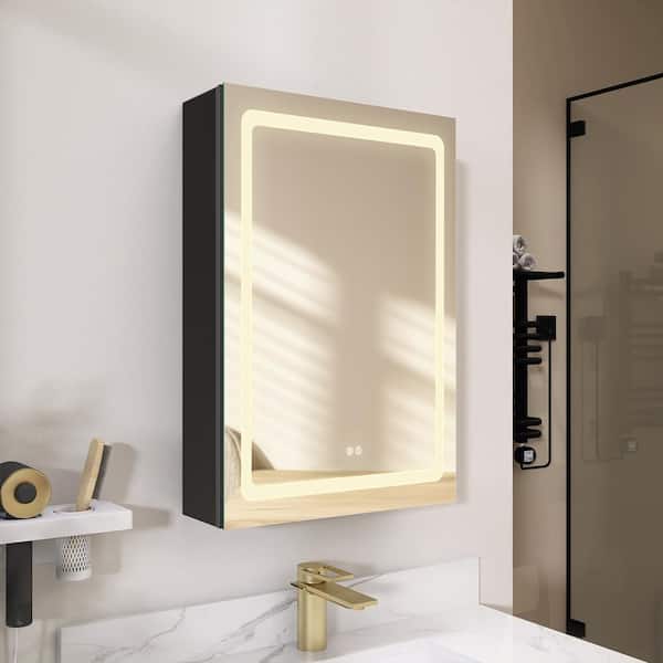 NTQ Ralix 20 in. W x 30 in. H Surface Mount Rectangular Black Aluminum Lighted LED Bathroom Medicine Cabinet with Mirror