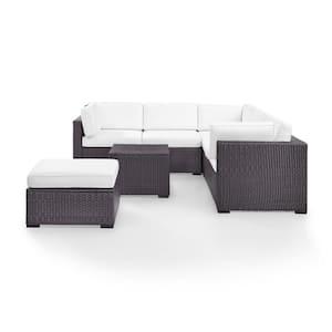 Biscayne 6-Person Wicker Outdoor Ottoman Seating Set with White Cushions 2-Loveseats, 1-Corner Chair, Coffee Table