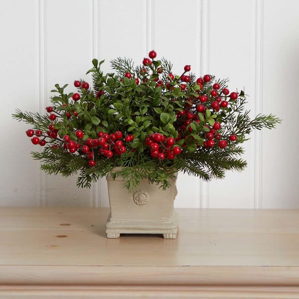 Nearly Natural Holiday Berry and Pine Artificial Arrangement 4194 - The  Home Depot