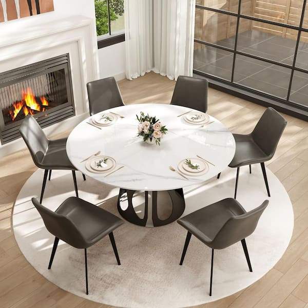 Magic Home 59 in. White Round Sintered Stone Tabletop with Black Metal Pedestal Base Dining Table (Seats-8)