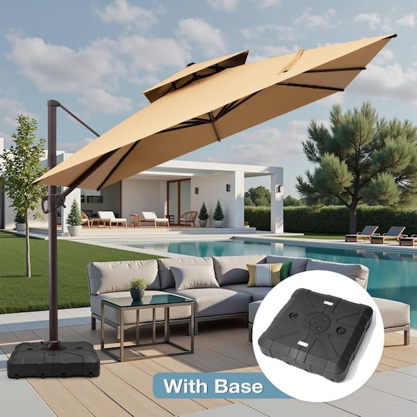 11 ft. x 11 ft. Aluminum Cantilever Umbrella Rotatable Outdoor Patio Umbrella and 260 lbs HDPE Base with 8 Wheels in Tan