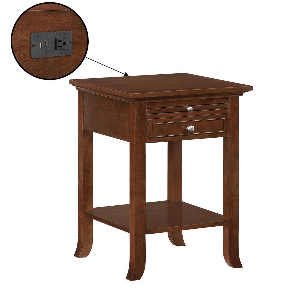 Espresso Wood End Table with Charging Station and Storage