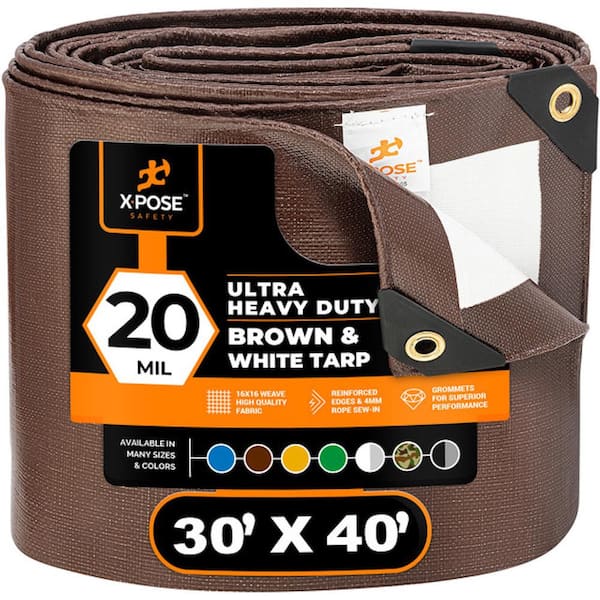 XPOSE SAFETY Heavy-Duty Brown White Poly Tarp 30 ft. x 40 ft. Multi-Purpose Protective Cover Durable Extra Thick 20 Mil Polyethylene