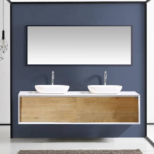 63 in. W x 22 in. D x 16 in. H Wall-Mounted Bath Vanity in White Oak with Matt White Solid Surface Top