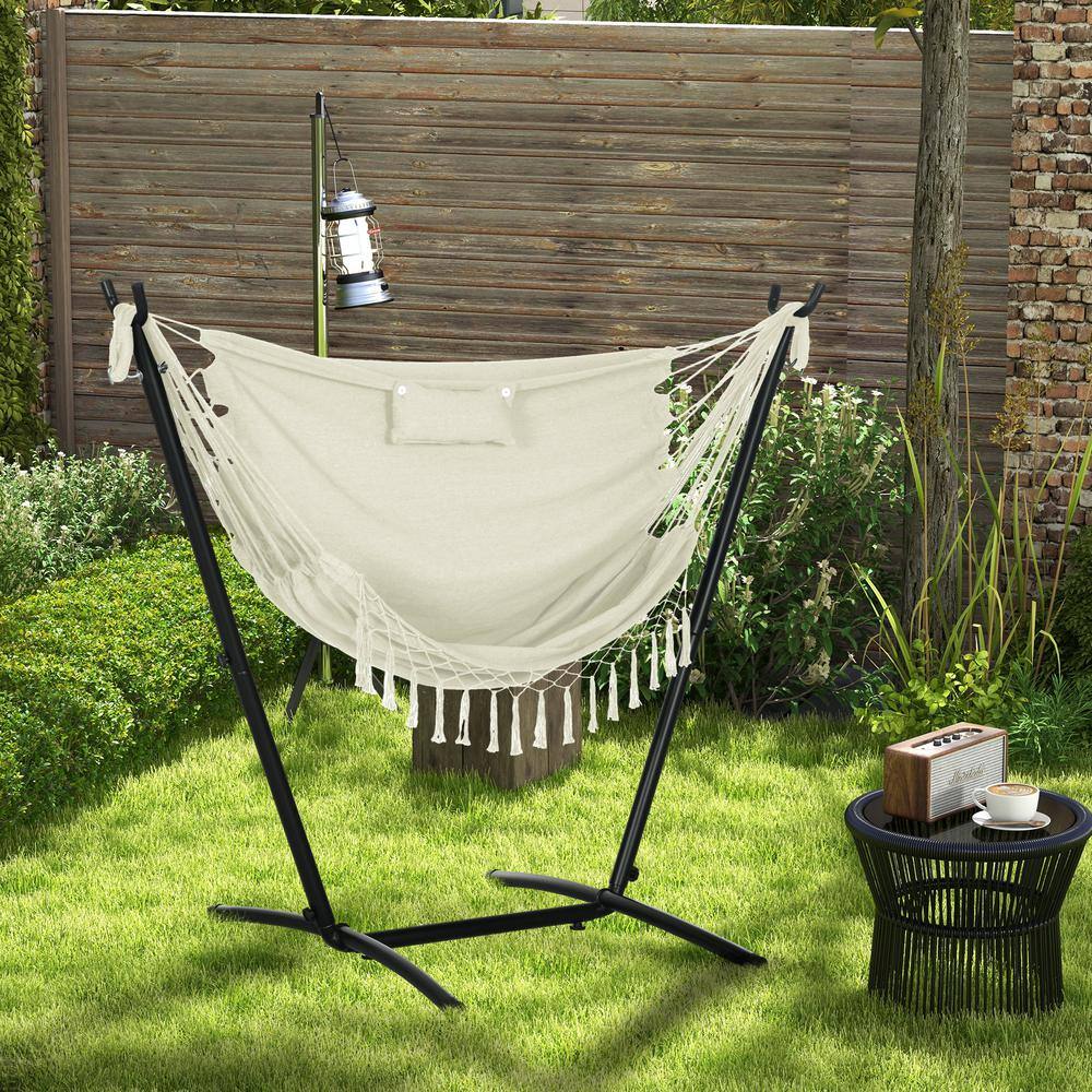 Cream White Cotton Hammock Swing Chair with Stand and Headrest