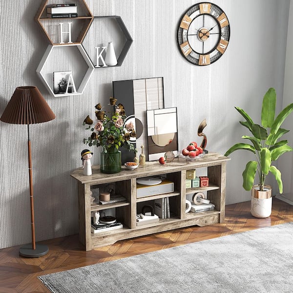 Gray 58 in. TV Stand with 6-Open Storage Shelves Fits TVs up to 65 in.