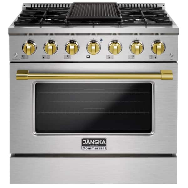 36 in. 5.2 cu. ft. Dual Fuel Range, 6 Burners, Convection Oven, Griddle, in Stainless Steel with Gold Knobs and Handle
