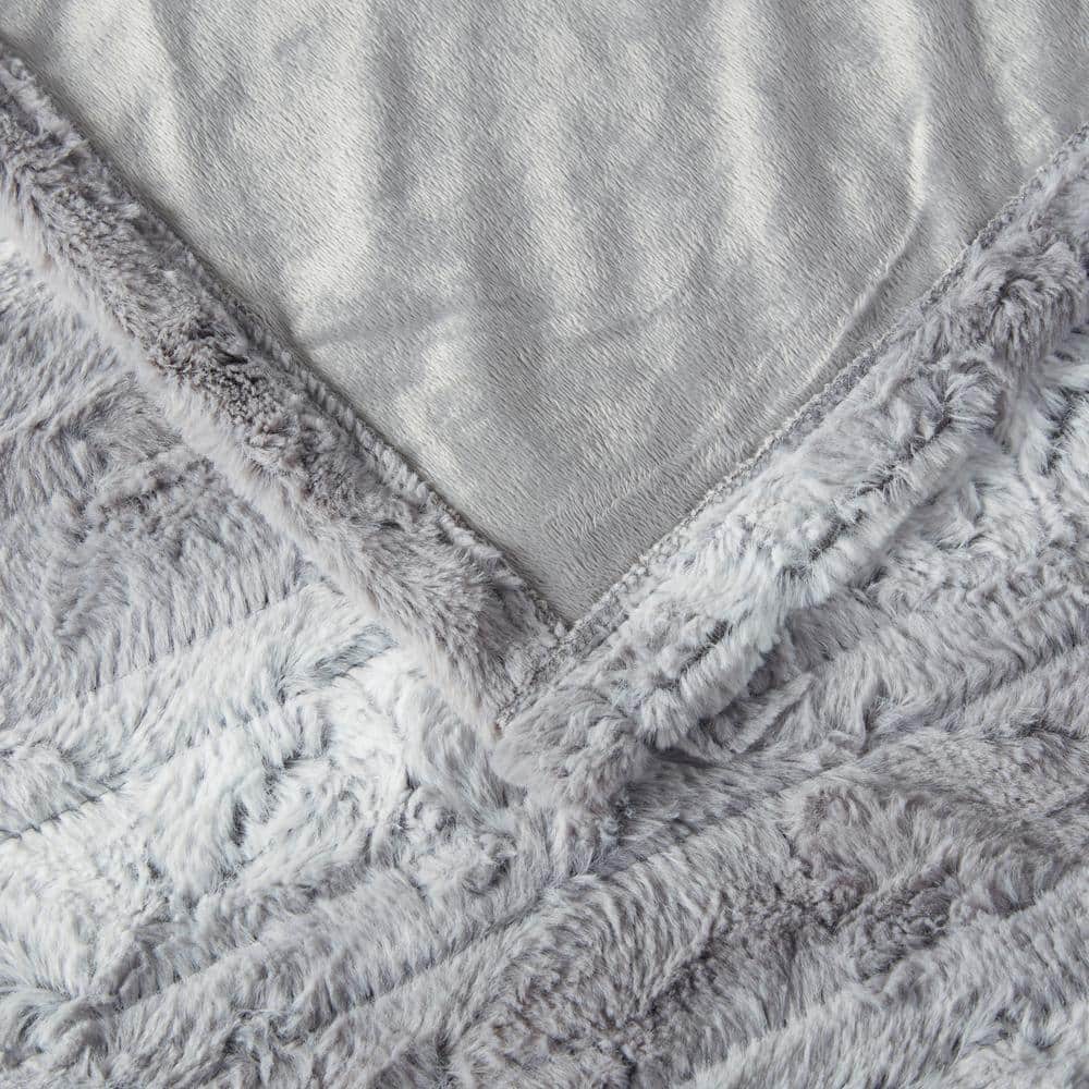 Gray Faux Fur Reversible Heated Electric Throw Blanket