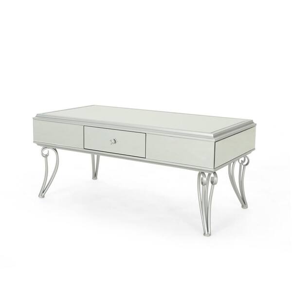 Noble House Belvidere 43 In Silver, Ophelia Modern Mirrored Coffee Table With Drawer Tempered Glass