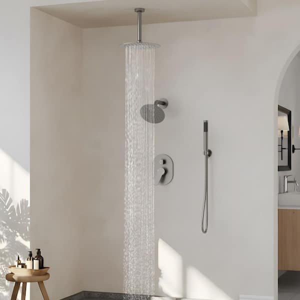 YAWWALK 3-Spray 10 and 6 in. Dual Shower Heads Ceiling Mount and Handheld Shower Head in Brushed Nickel (Valve Included)