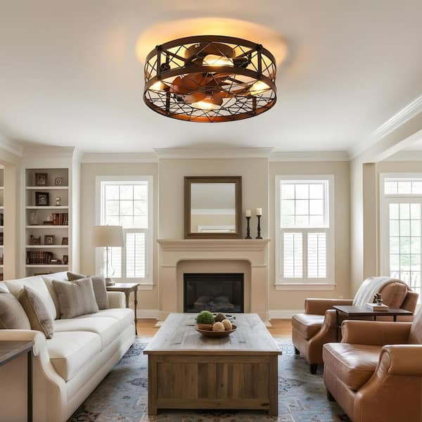 20 in. Indoor Flush Mount Farmhouse Style Black Ceiling Fan with Remote Control, Fabric Accents