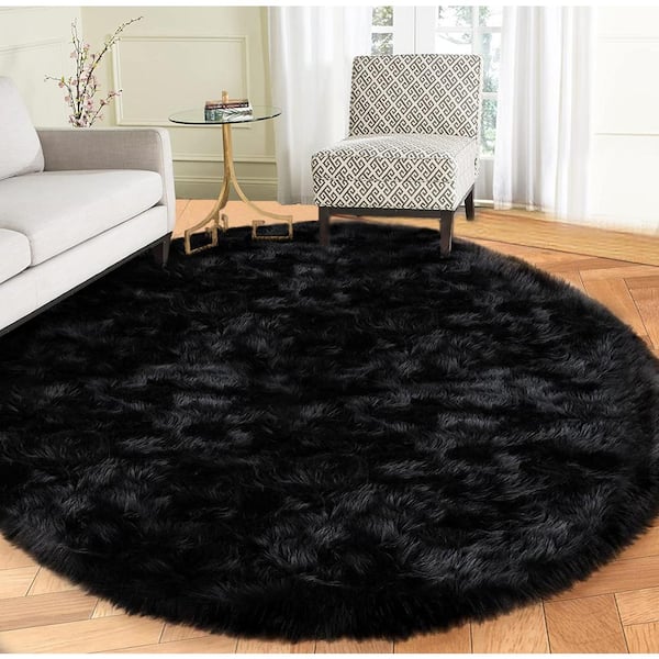 Sheepskin Faux Furry Black Cozy Rugs 5 ft. x 5 ft. Round Area Rug