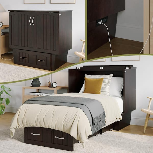 AFI Sydney Espresso Twin Solid Wood Murphy Bed Chest with Storage Drawer and Charging Station