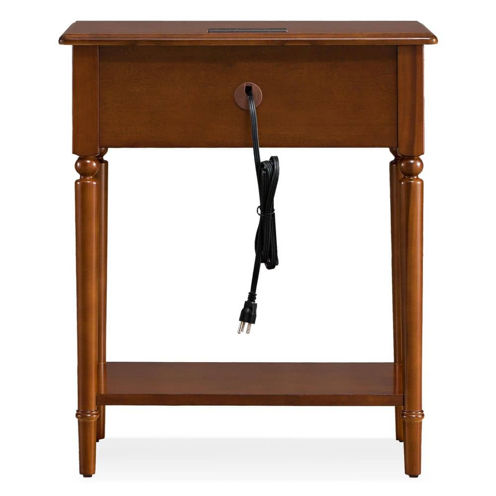 Pecan Brown Solid Wood Coastal Side Table with USB-C Fast Charging Station