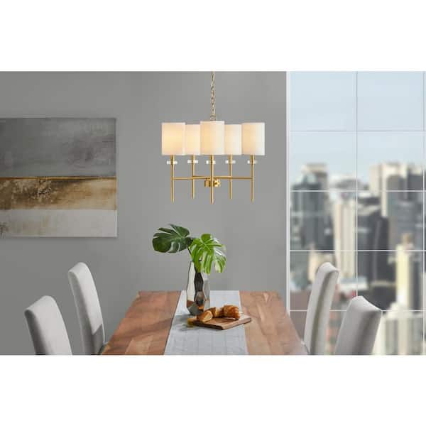 5 Light Modern Aged Brass Finish Chandelier With White Fabric Shades