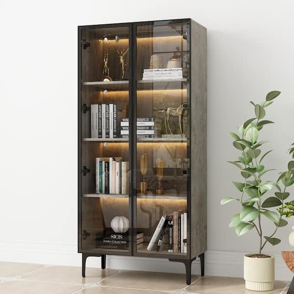 FUFU&GAGA 59.3 in. Tall Grey Wood 4-Shelf Accent Bookcase Stone Style Bookshelf with Glass Doors, Pop-Up Design, LED Lights