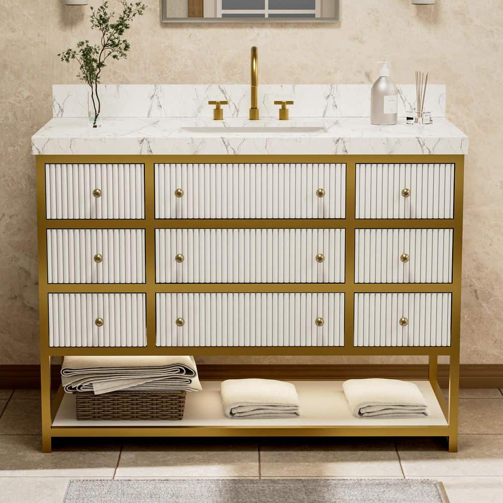 Solidoak 48 in. W x 22 in. D x 35.4 in. H Single Sink Bath Vanity in White with White Engineered Marble Top price history on PriceWatchPro