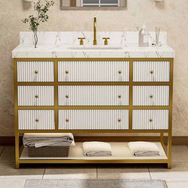 Solidoak 48 in. W x 22 in. D x 35.4 in. H Single Sink Bath Vanity in White with White Engineered Marble Top