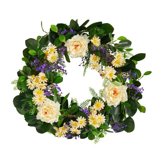 Nearly Natural 22 in. Mixed Rose and Daisy Artificial Wreath