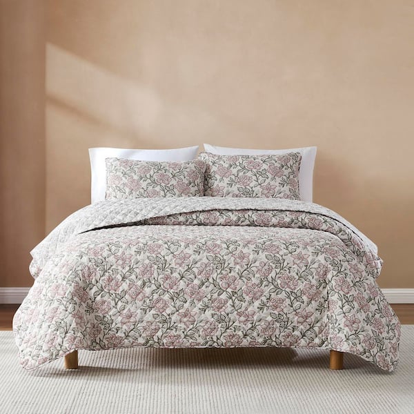Zara Floral Block Reversible 3-Piece Misty Rose Microfiber King/Cal King Quilt Set