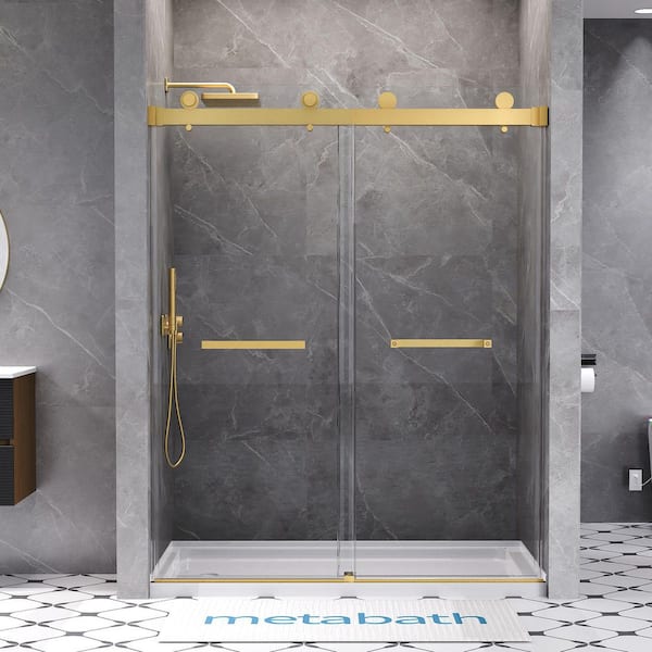 Feelive 56 to 60 in. W x 76 in. H Double Sliding Frameless Shower Door in Brushed Gold with 5/16 in. Tempered Clear Glass
