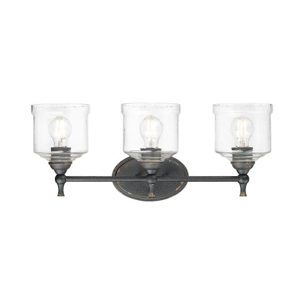 Keating 7.5 in. 3 Light Antique Black Iron Vanity Light with Hammered Water Glass Shade