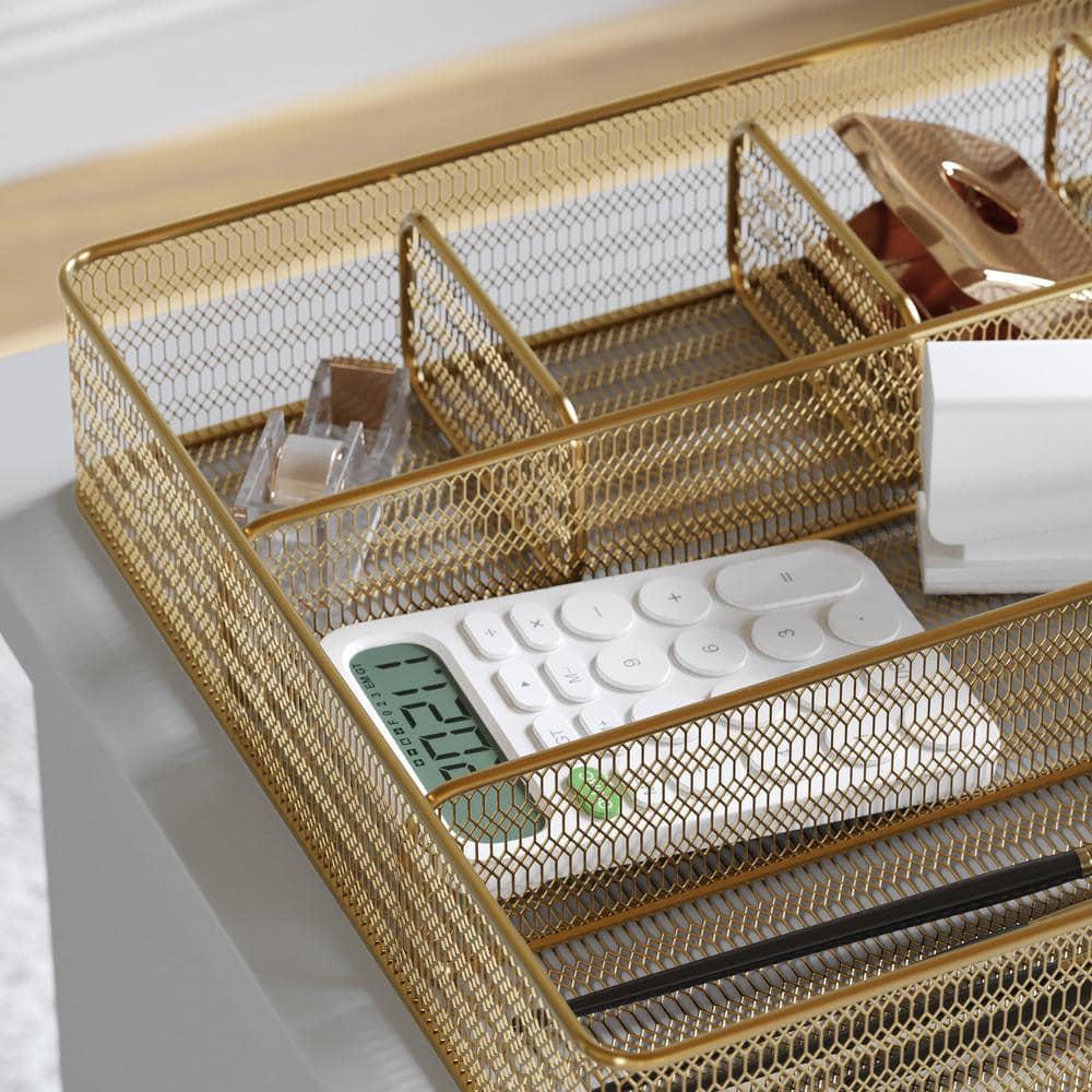 Gold Mesh Metal 6 Compartment Desk Drawer Organizer