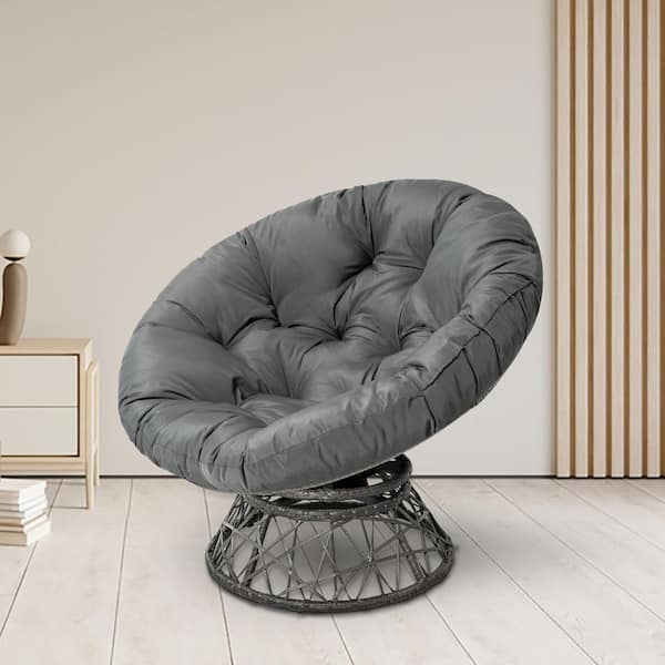 Dark Gray Wicker Papasan Chair with Oversized Dark Gray Cushion and Swivel Base-Indoor/Outdoor Lounge Chair