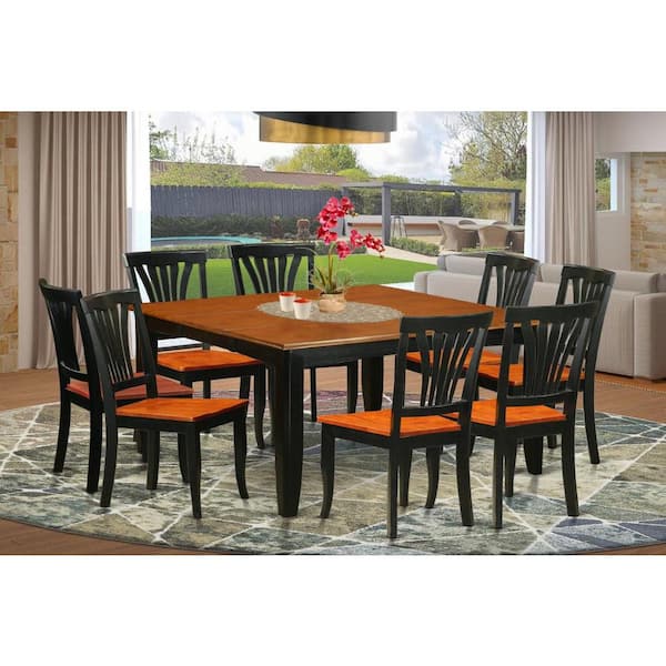 East West Furniture 9-Piece Square Black & Cherry Finish Solid Wood Top Dining Table with 8-Chairs with Lattice Back