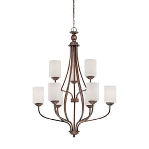 9-Light Brushed Pewter Chandelier with Etched White Glass