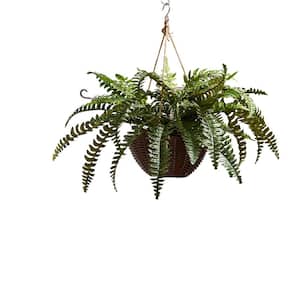 Artificial Indoor/Outdoor Faux Boston Fern Hanging Plant with Basket