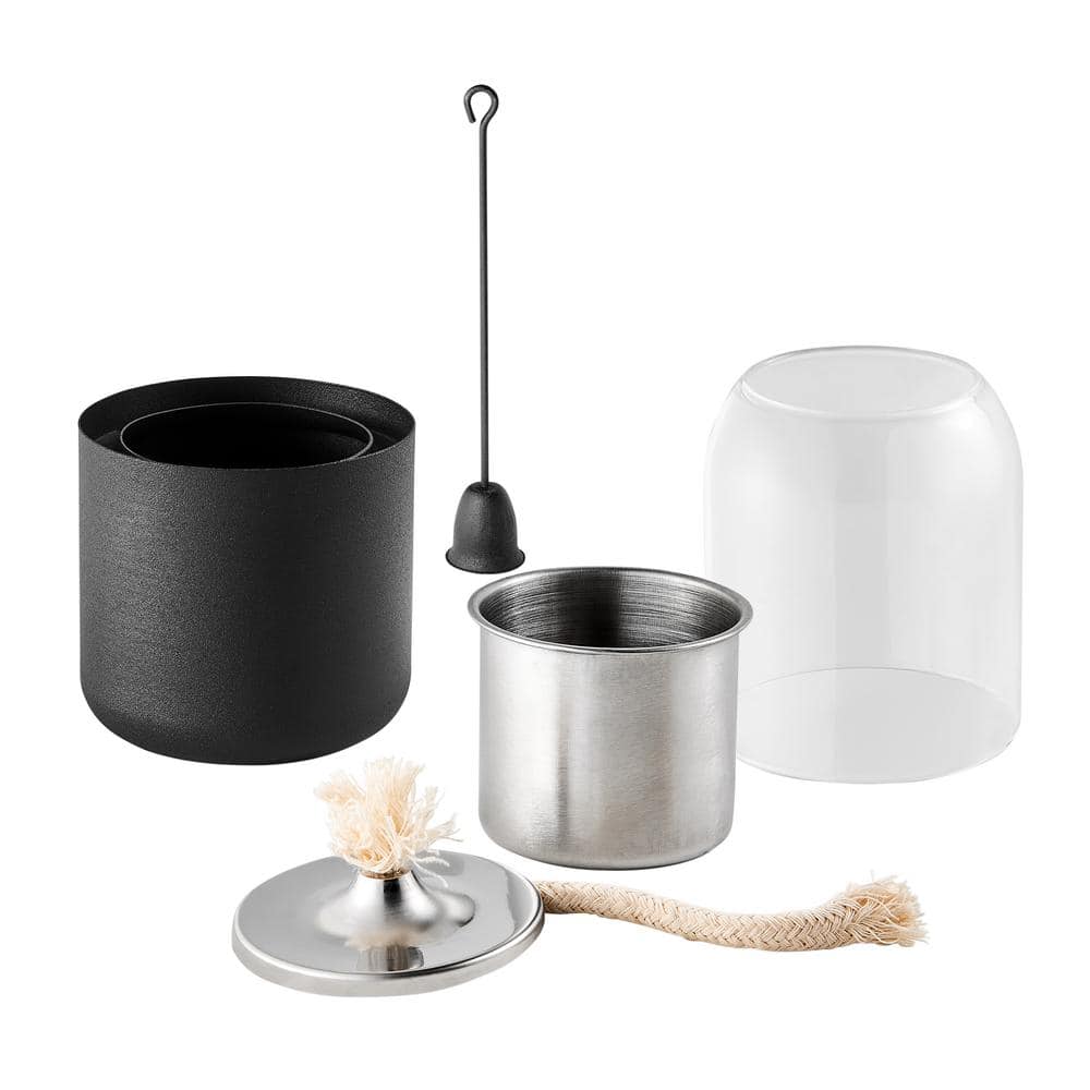 Black Glass and Metal Oil Lamp Set with Rope Wick