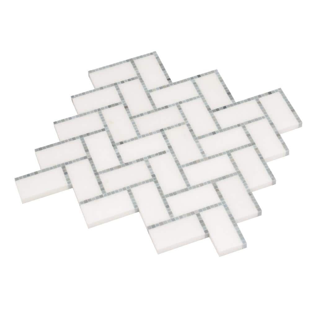White and Gray Polished Herringbone Marble Mosaic Tile