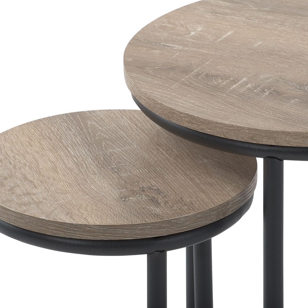 Elegant Round Light Brown Wood & Metal Nesting Side Tables