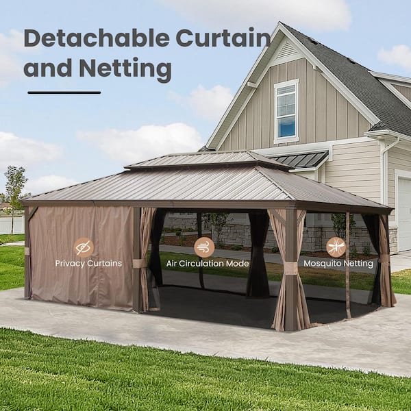 14 ft. W x 22 ft. D Brown Outdoor Hardtop Gazebo with Drainage, Double Galvanized Steel Roof, Curtains and Netting