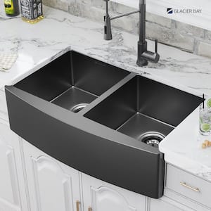 Gunmetal Black Stainless Steel 33 in. 18-Gauge Double Bowl Farmhouse Kitchen Sink with Black Spring Neck Faucet